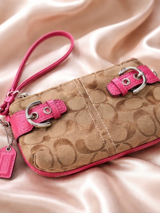 Coach Handbags - Coach Signature Buckle Canvas Wristlet in Pink and Tan